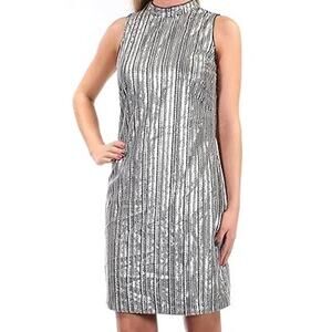 NWT GUESS Dress 4 Silver-Shiny Sequins Cut-Out Mock-Neck Sleeveless Knee Lined